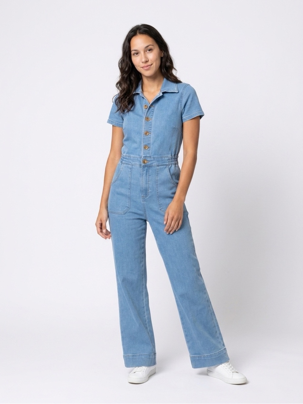 Show Me Your MuMu Light Blue Denim Short-Sleeve Jumpsuit